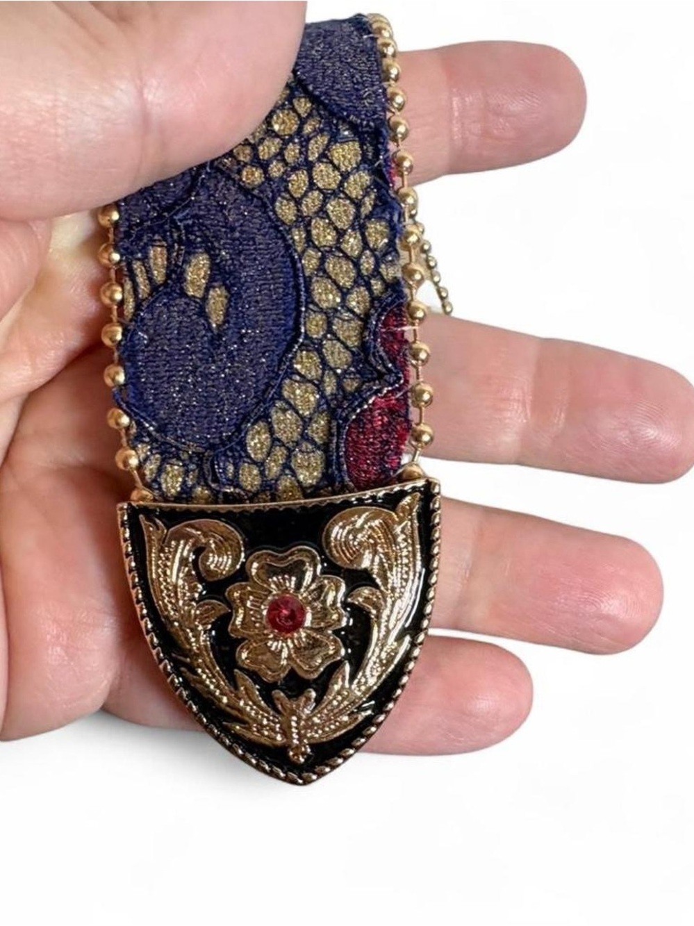 Vintage Ornate Gold Beaded & Lace-Covered Leather Belt - Picture 6 of 8